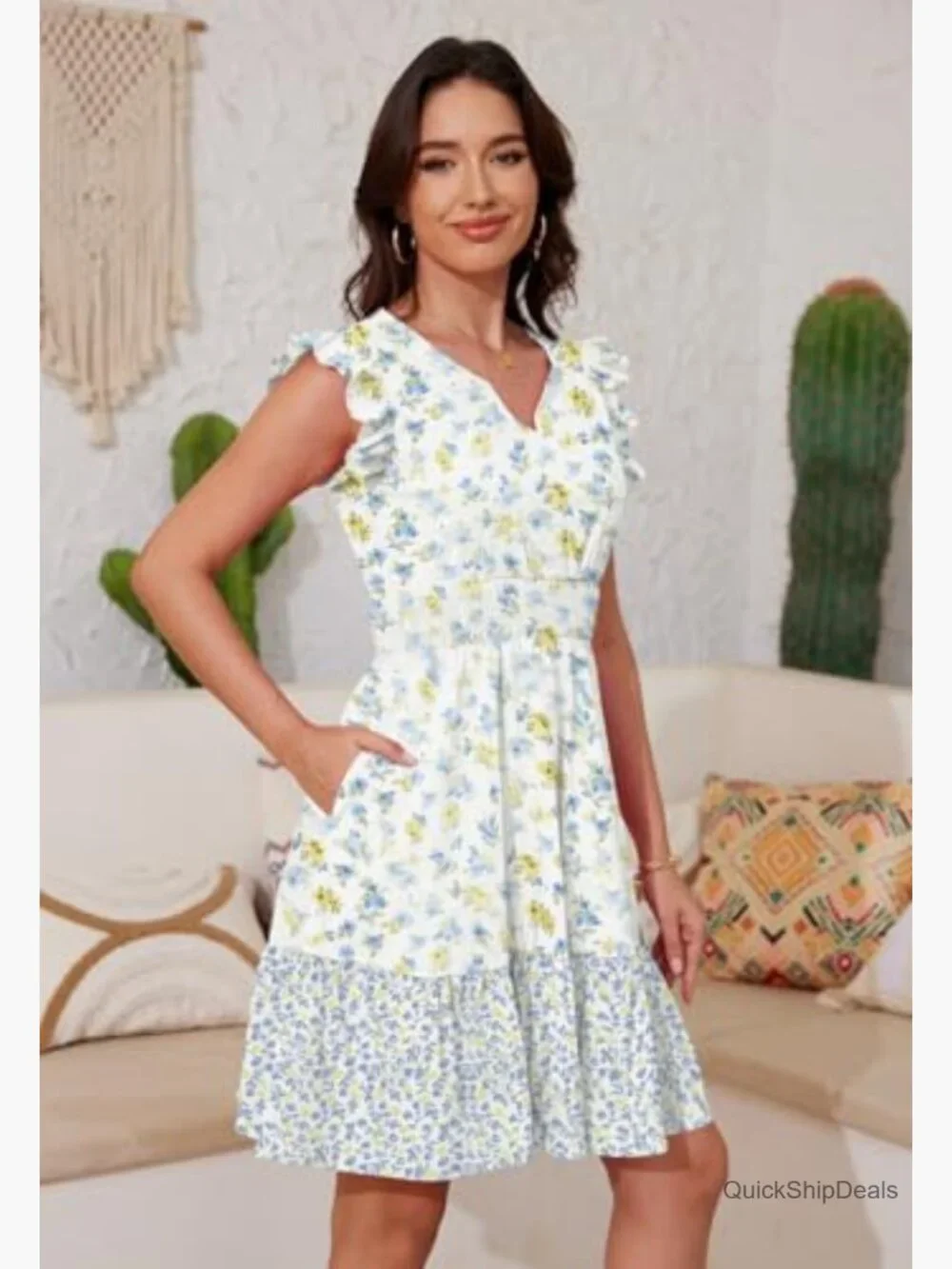 Ruffle Sleeve Layered Dress with Pockets Elastic Waist V Neck - Picture 3 of 5